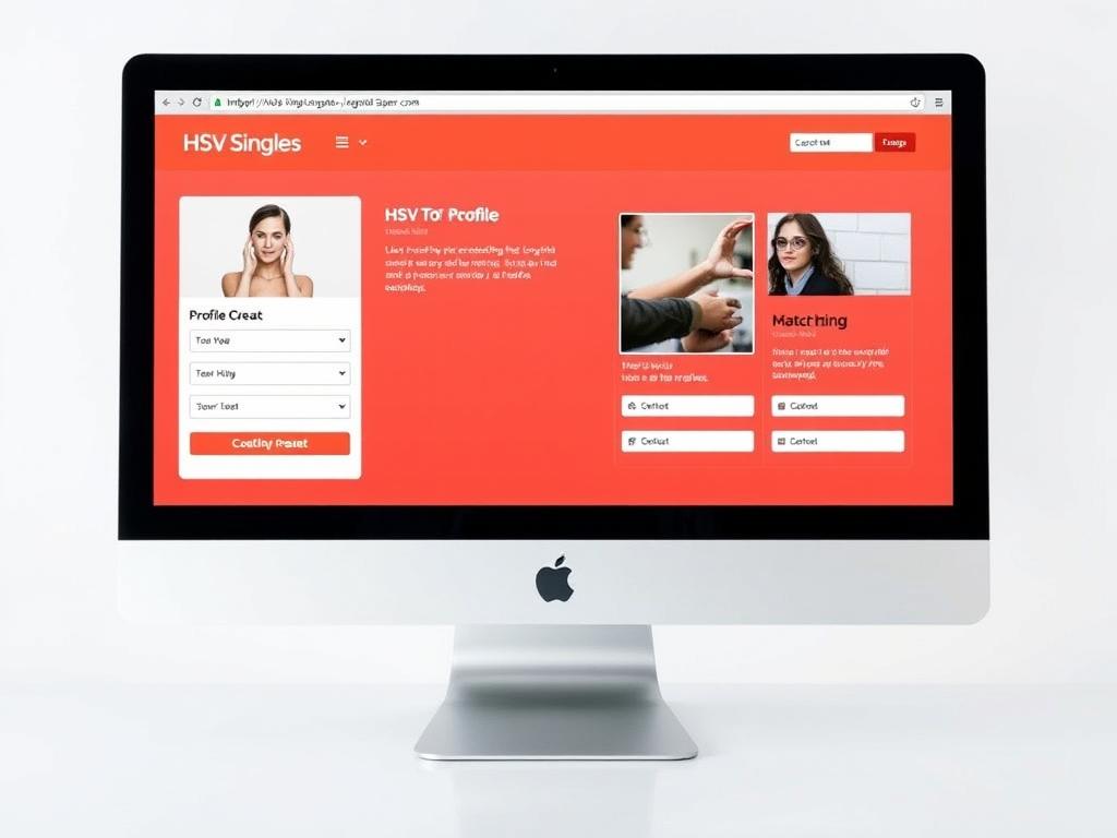HSV Singles dating site interface showing profile creation and matching features