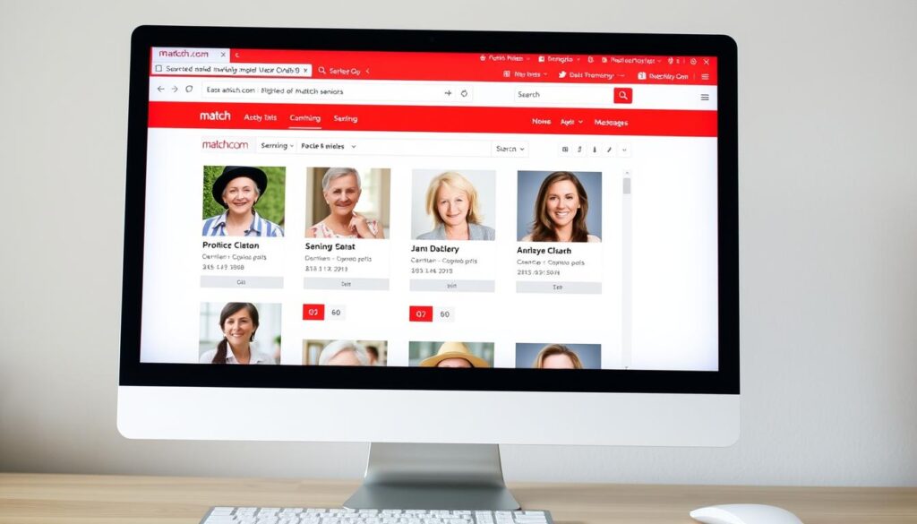 Match.com interface showing dating profiles for people over 50