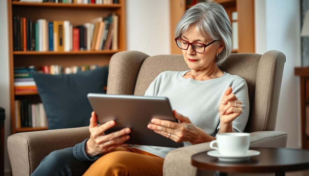 Mature woman looking at dating site FAQs on tablet