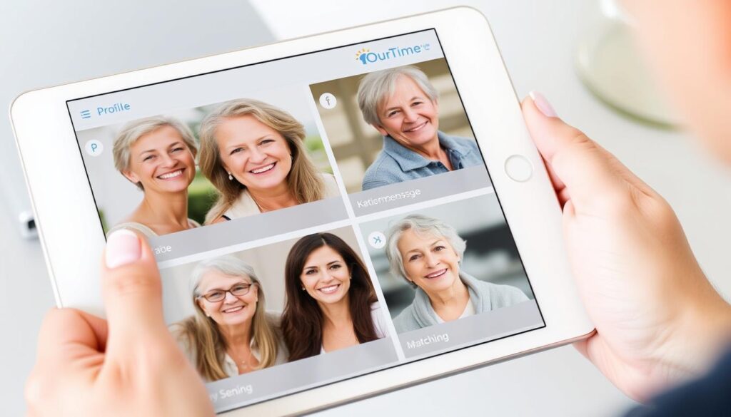 OurTime dating app interface showing senior profiles