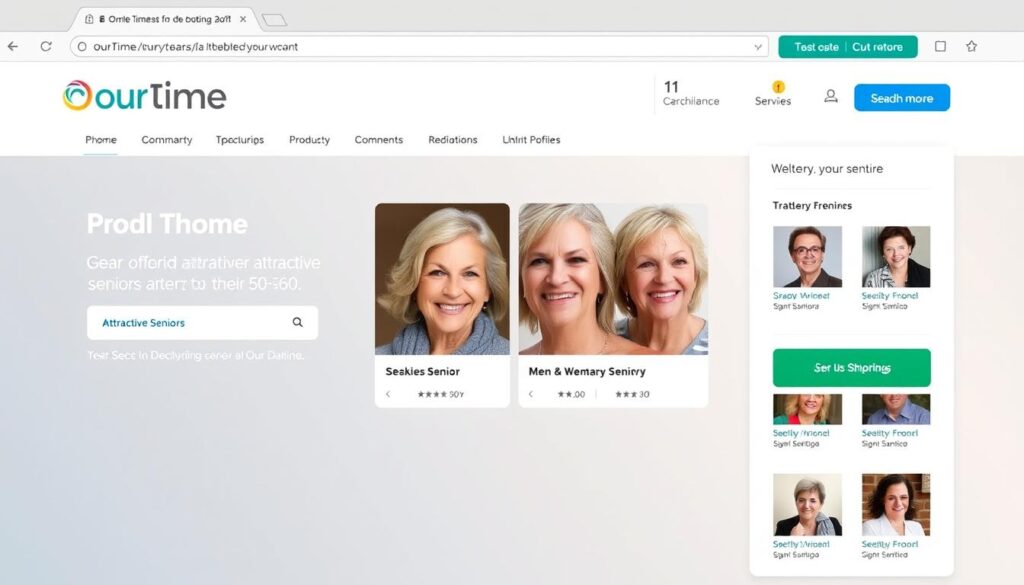 OurTime dating site interface showing profiles of singles over 50
