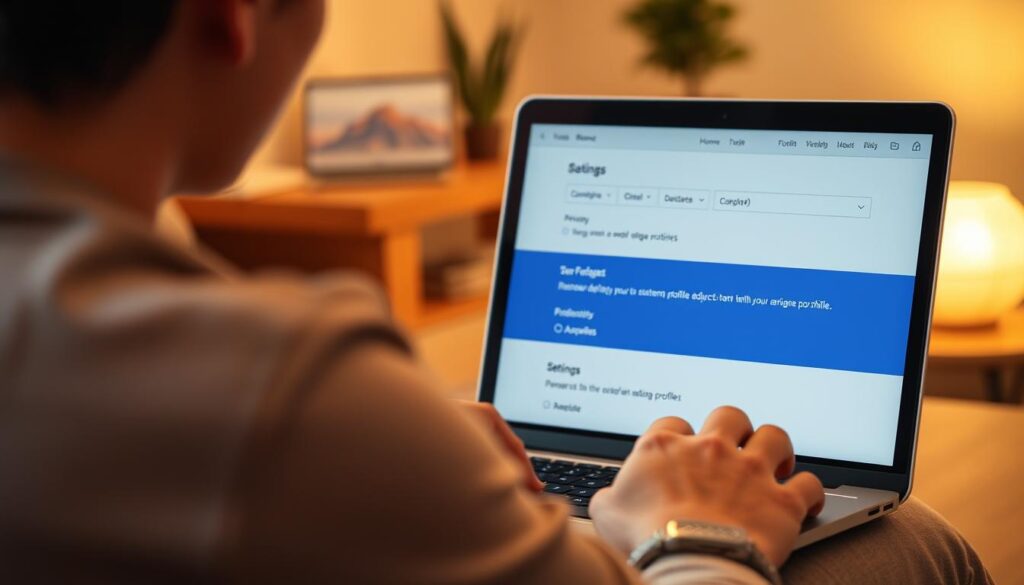 Person creating an authentic dating profile on a laptop with privacy settings highlighted
