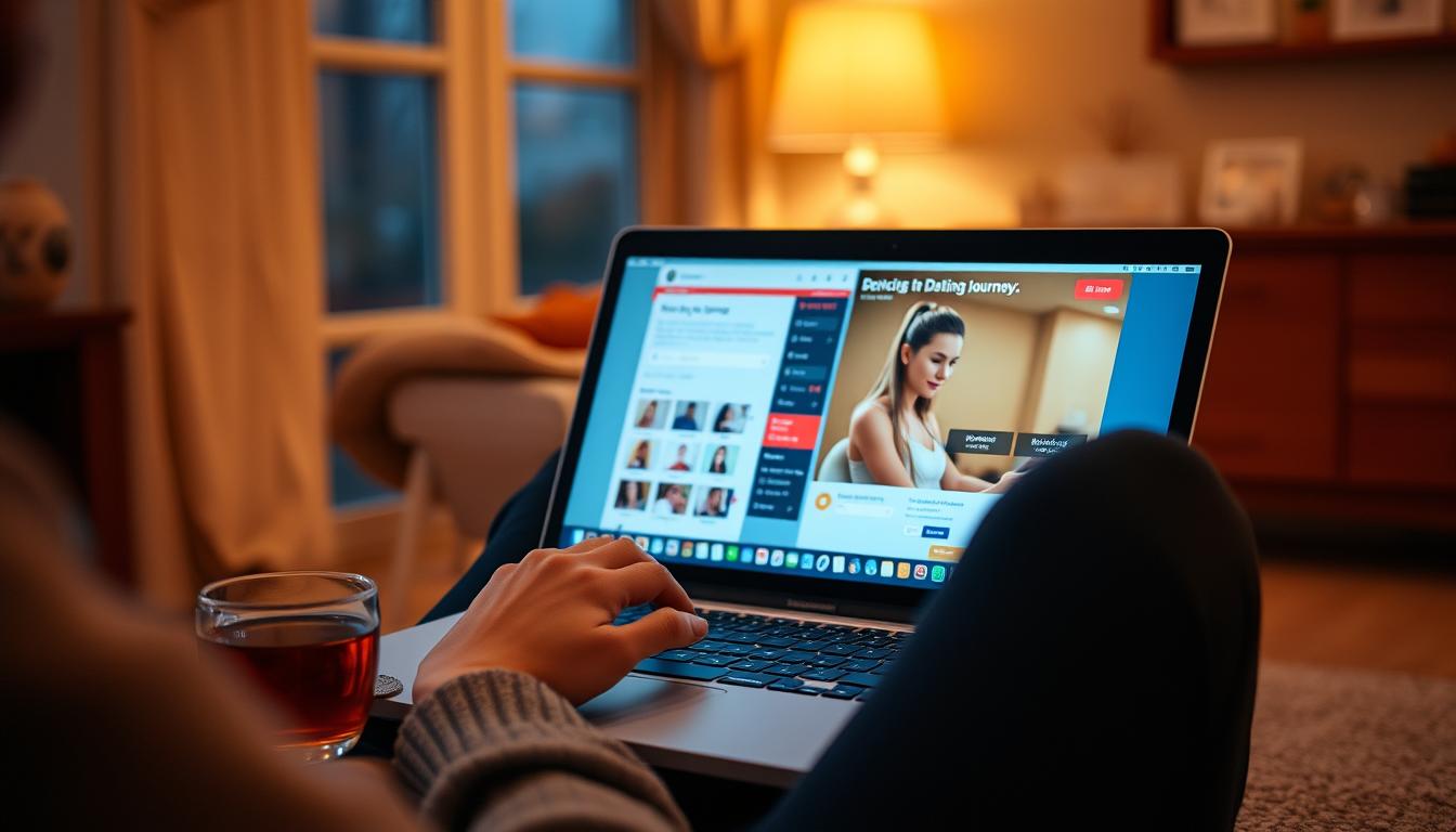Person using a herpes dating site on laptop with a comforting cup of tea nearby