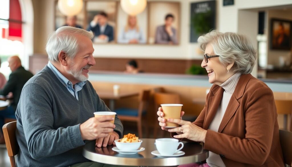 Senior couple enjoying coffee on a first date
