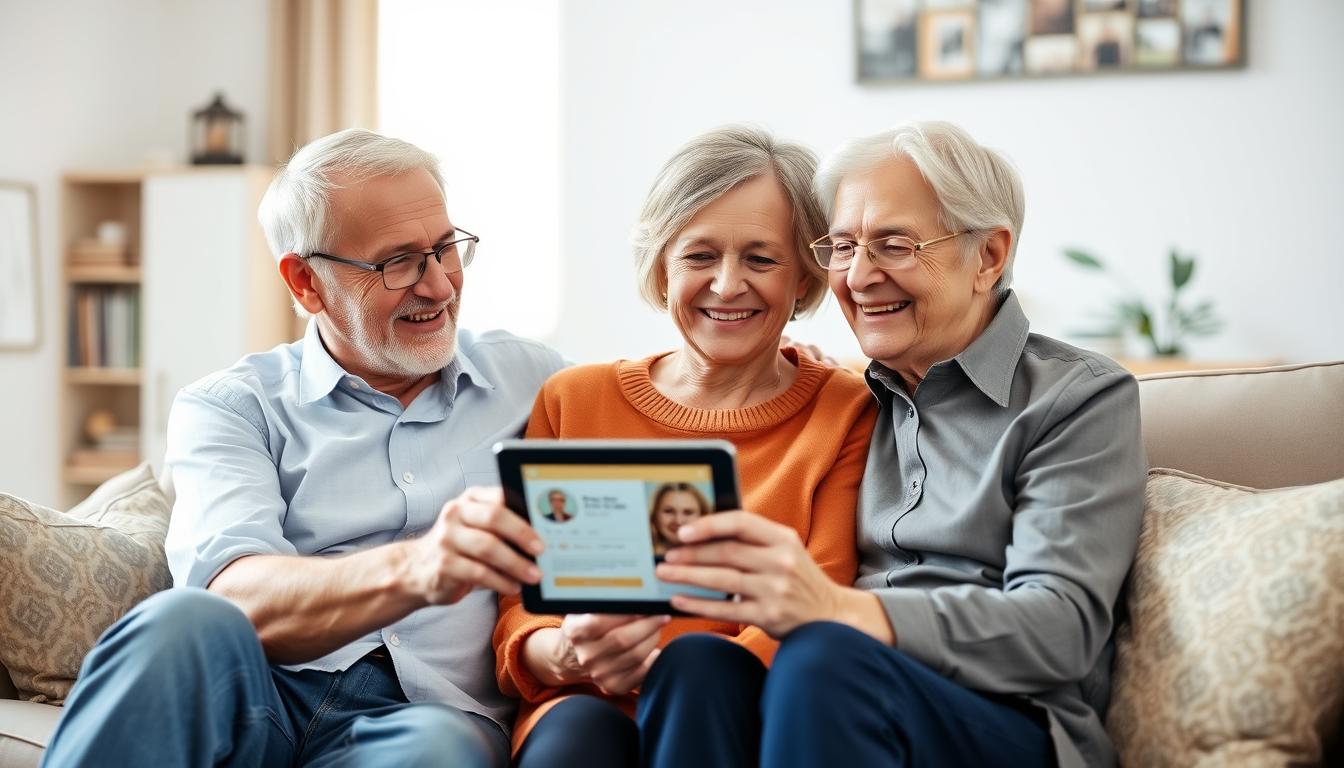 Senior couple smiling while using a dating app on a tablet