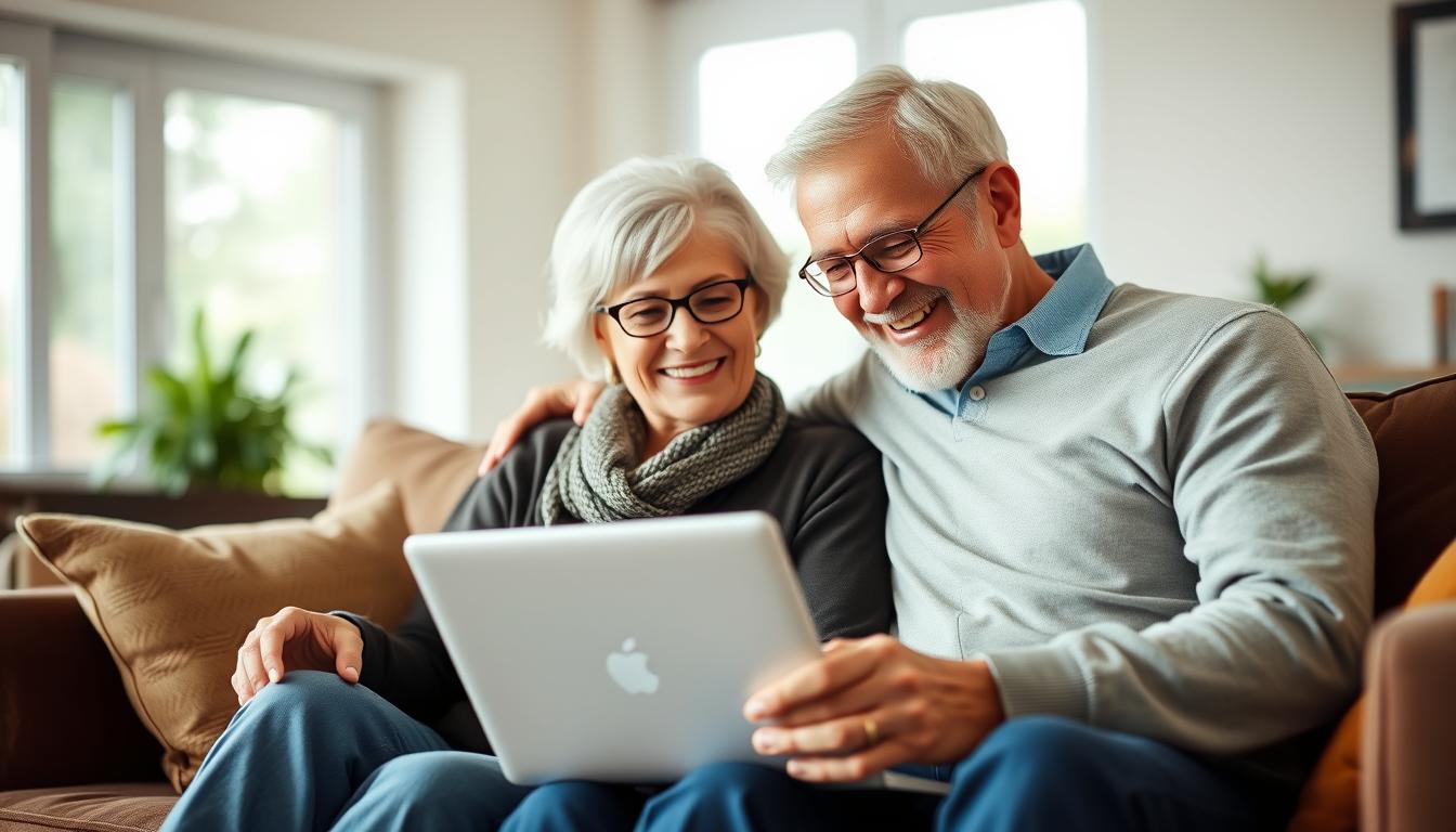 Senior couple smiling while using a laptop together to browse dating sites for over 50