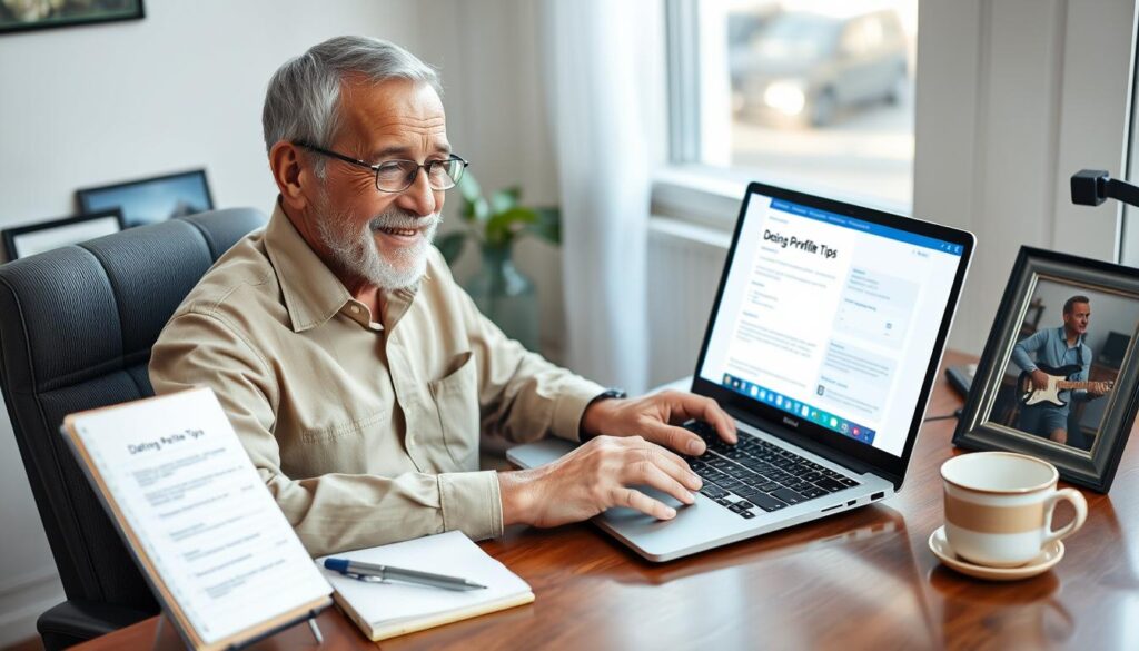 Senior man creating an online dating profile with tips for success