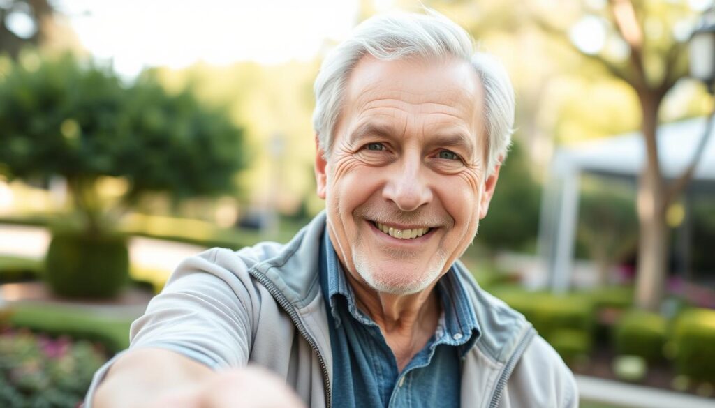Senior man taking a good profile photo for dating app