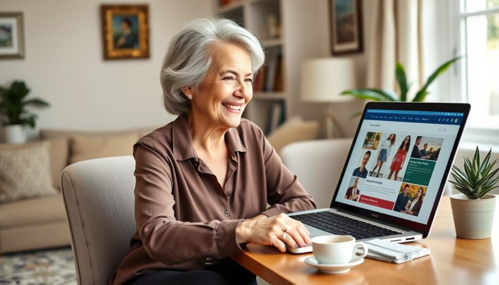 Senior woman smiling while using laptop for online dating