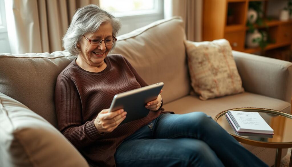 Senior woman video chatting with a date before meeting in person