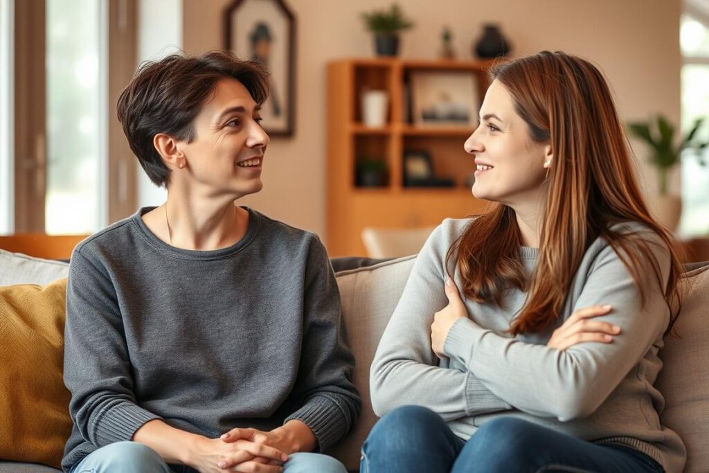 Two people having a supportive conversation about herpes disclosure, showing positive communication