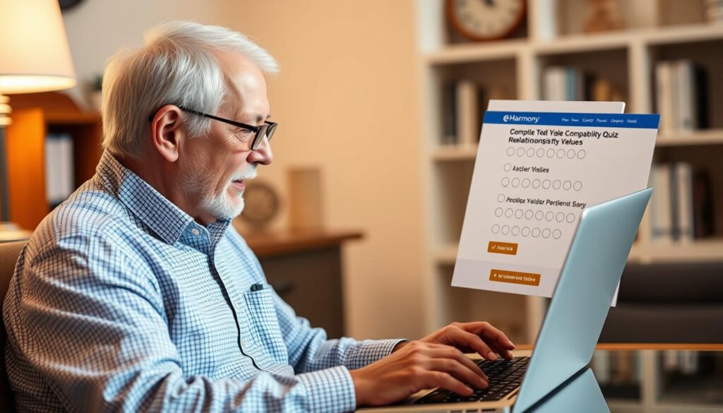 eHarmony compatibility quiz being completed by a senior user