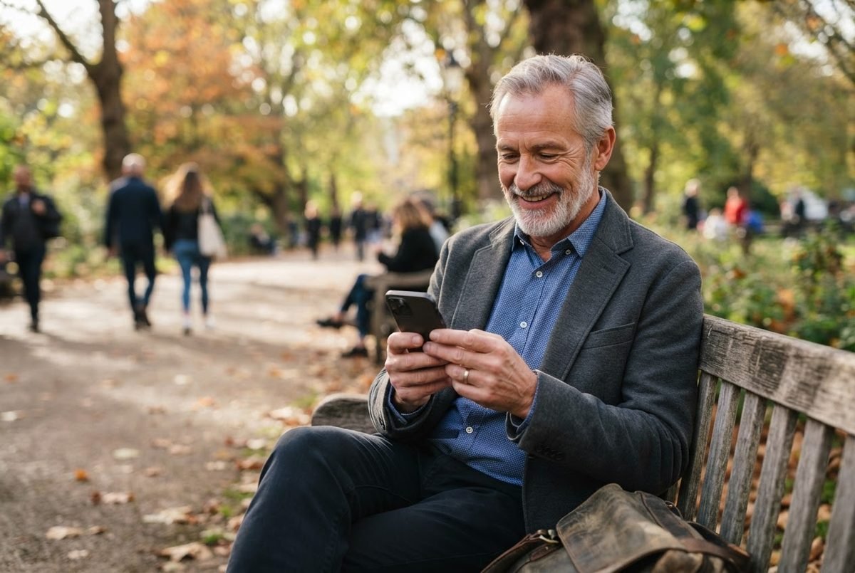 Smiling older man with gray hair and beard using a smartphone while sitting on a wooden park bench in autumn