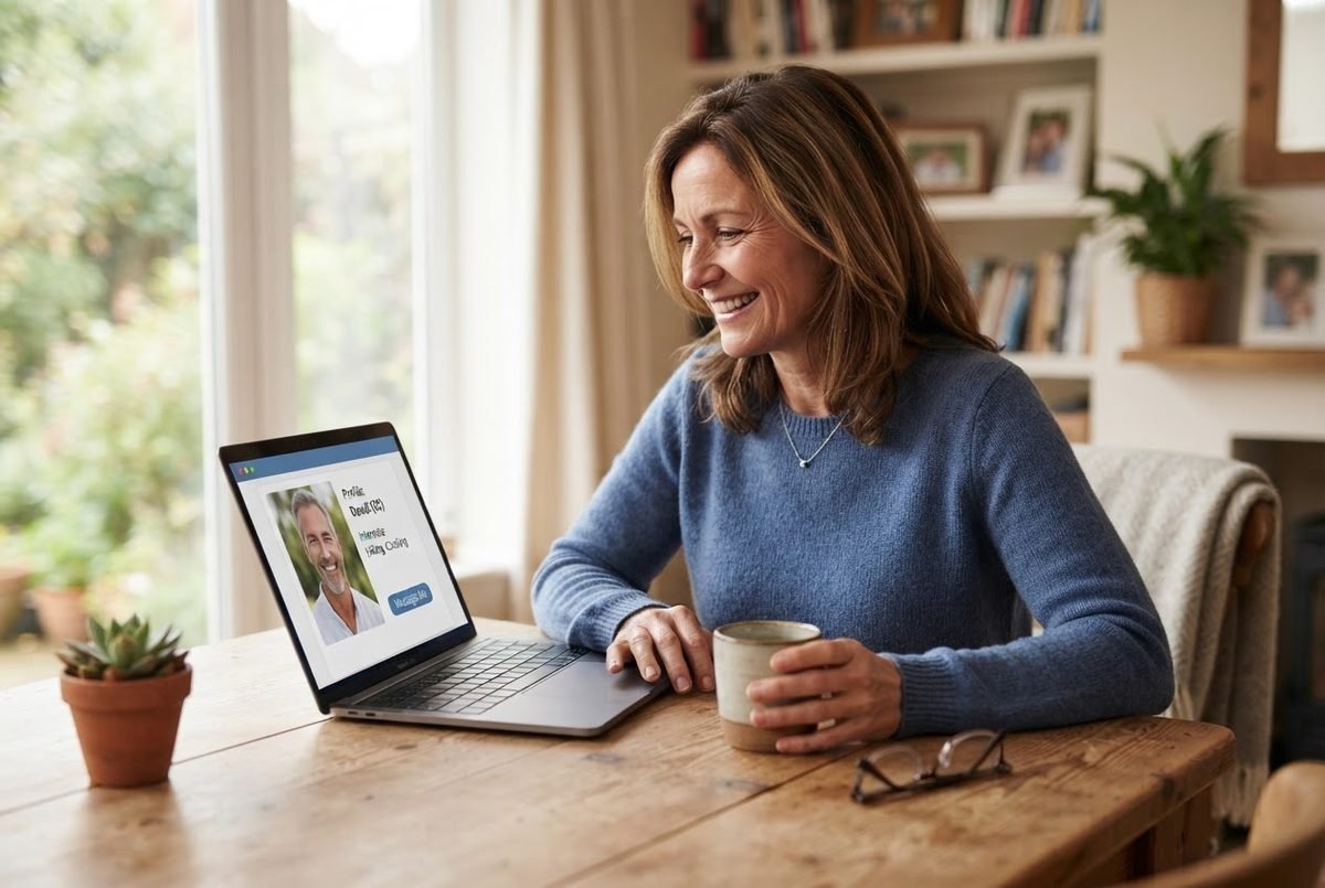 Woman in her 50s browsing a dating site on her laptop at home.