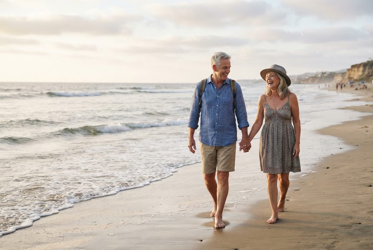 Smiling older couple holding hands and walking barefoot along a sandy beach at sunset, with waves rolling in beside them.