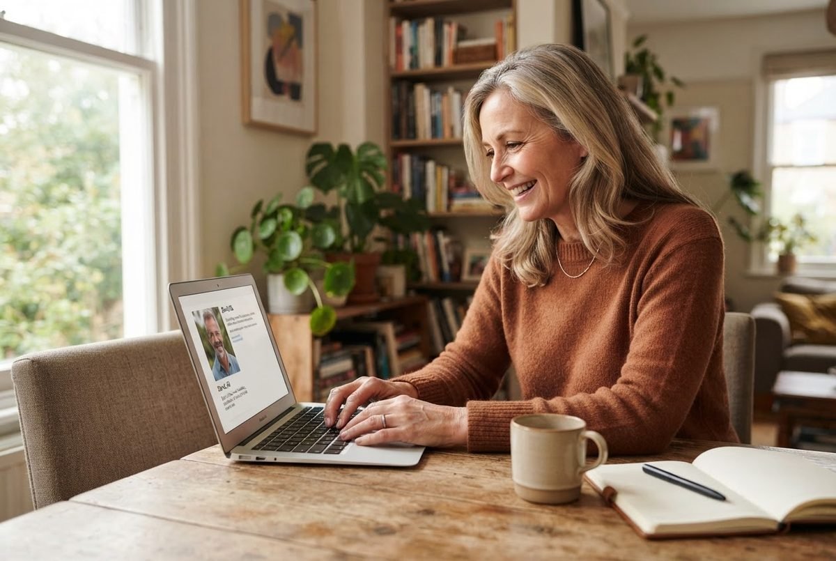 Smiling woman over fifty in a rust sweater types on a laptop at a wooden table beside a mug and notebook.
