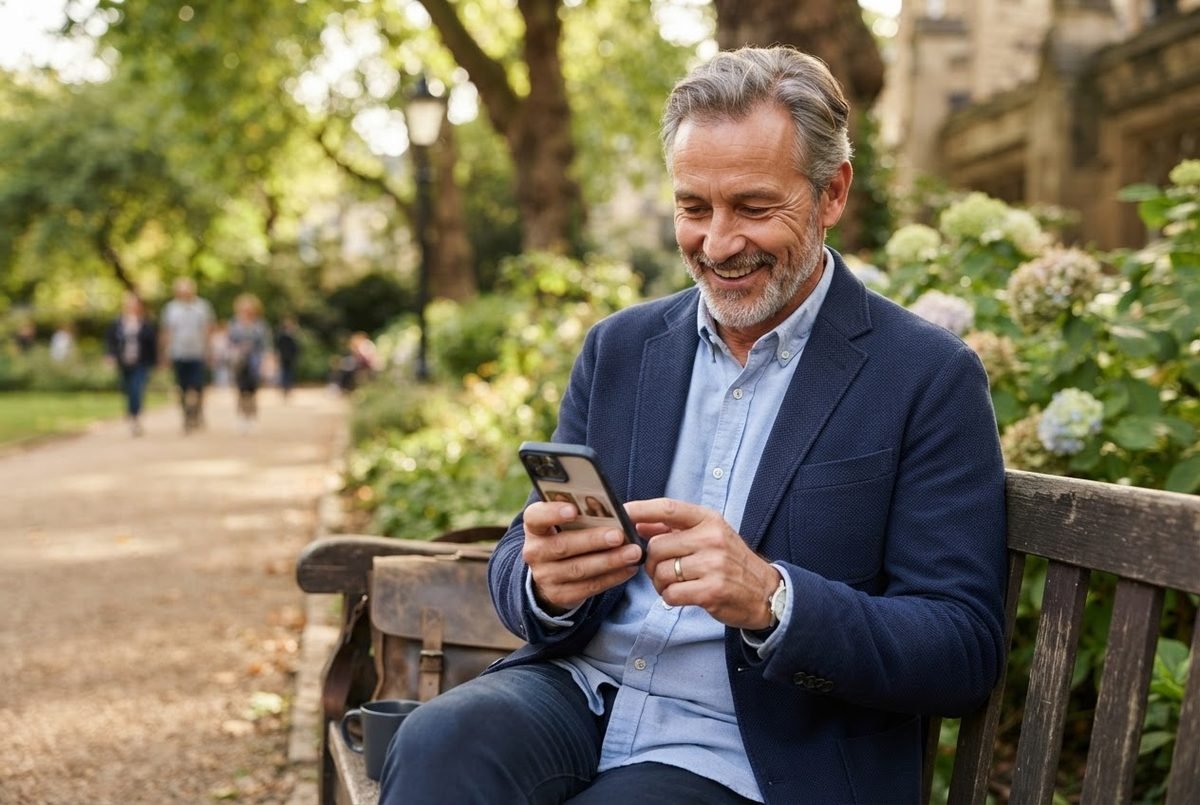 Smiling grey-haired man with a beard in a navy blazer checks his smartphone while sitting on a park bench.