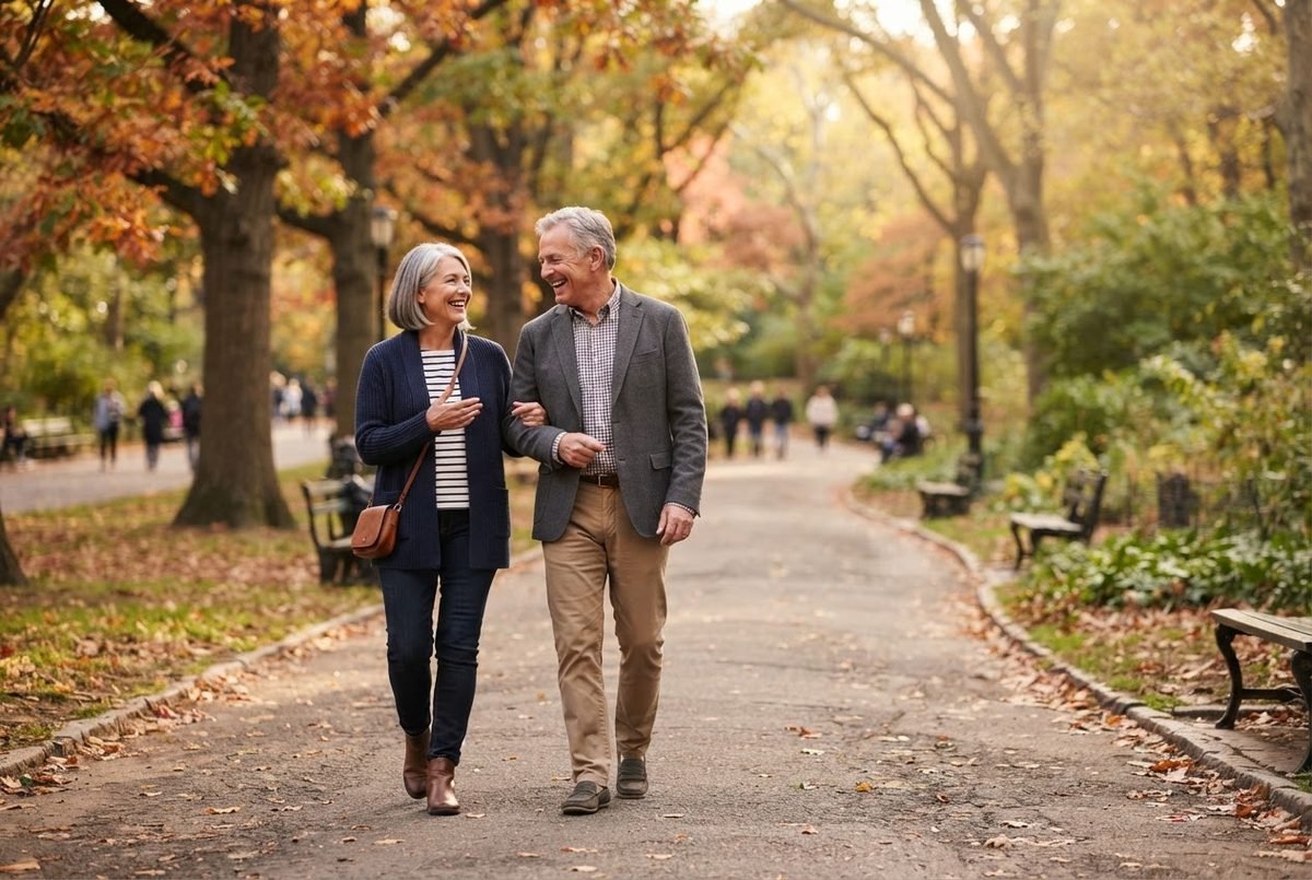 Smiling older couple with gray hair walking arm in arm on an autumn park path lined with trees and benches.
