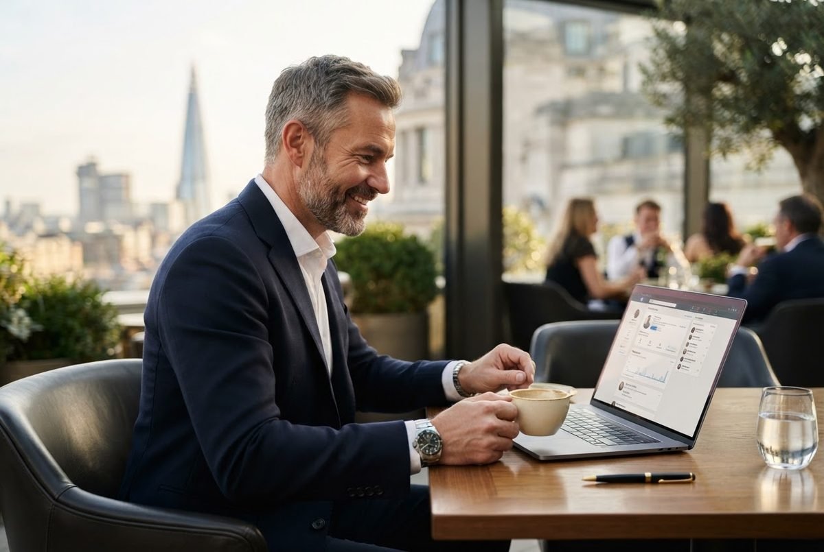 Confident man using dating app