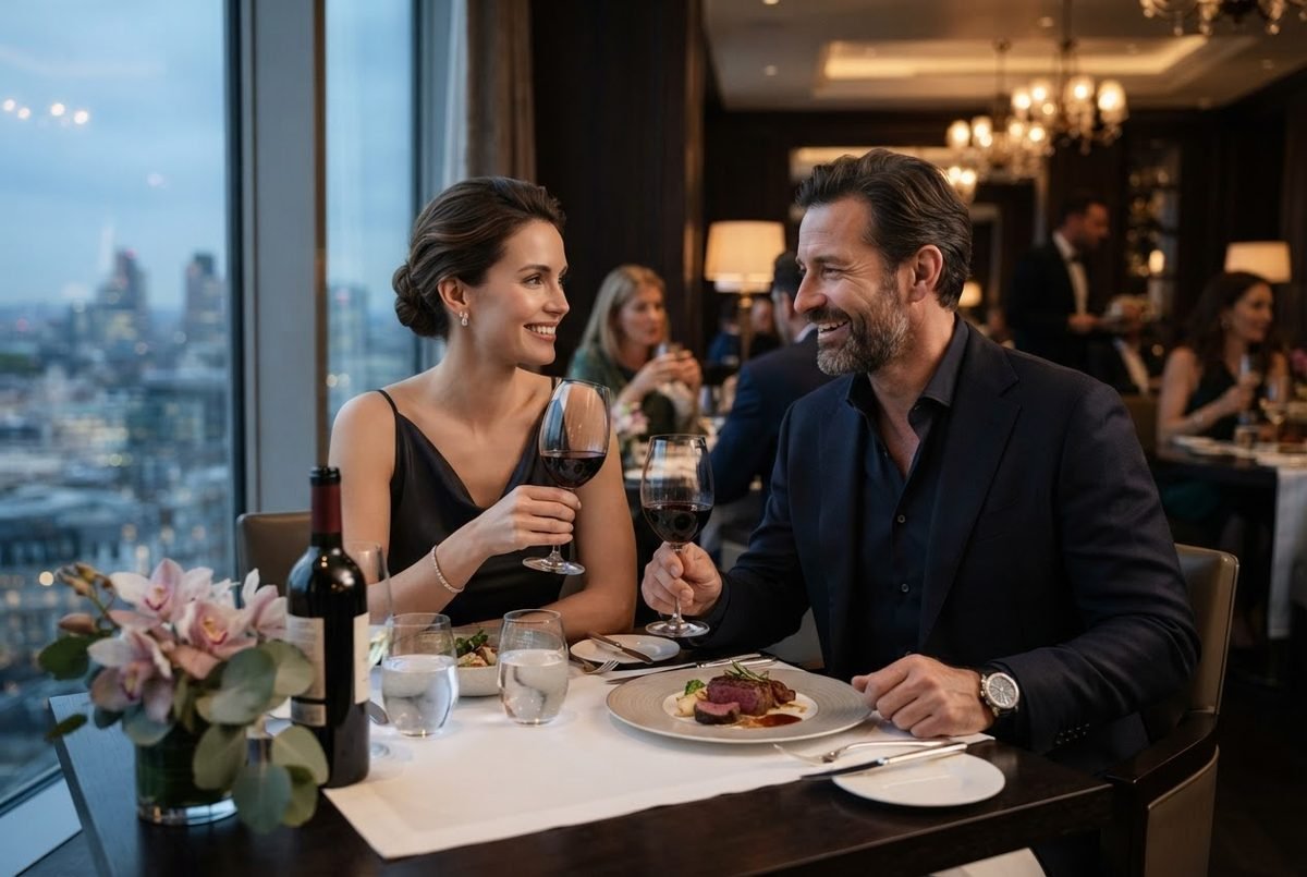 A smiling couple with wine glasses dines at an upscale restaurant, illustrating best dating sites for millionaires.