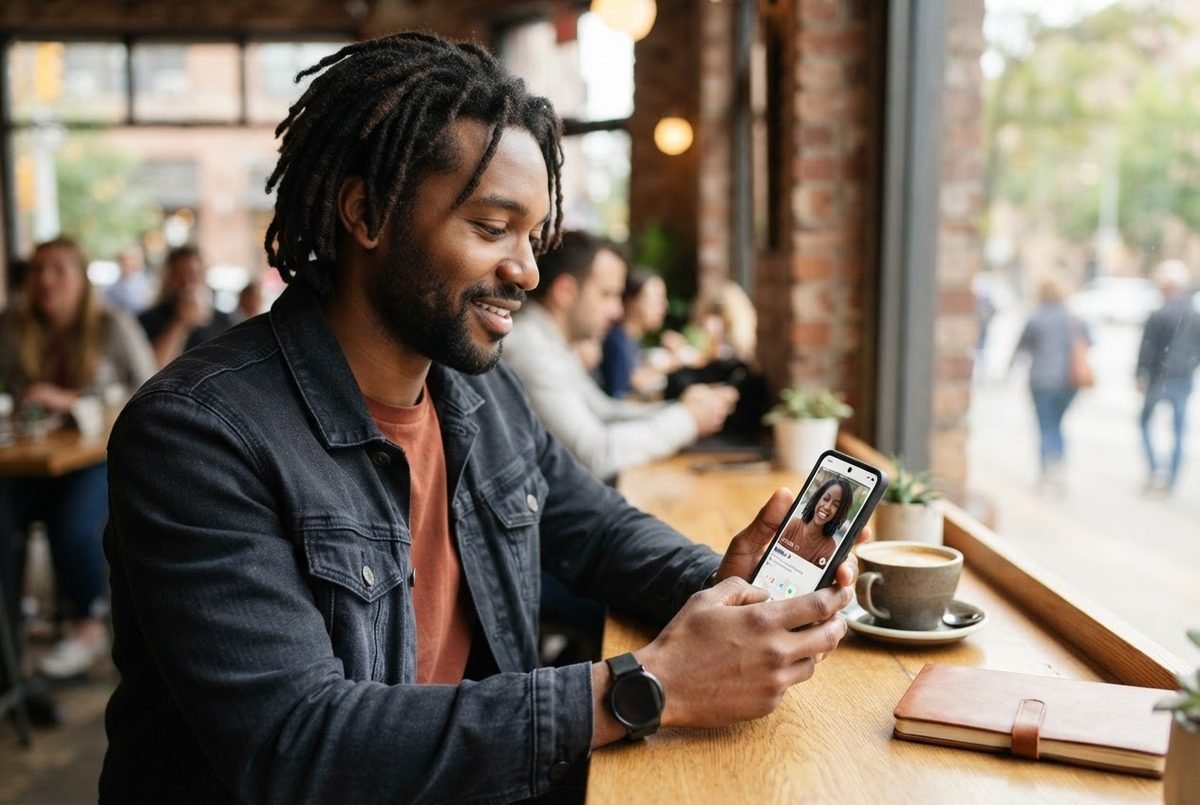 Smiling man in a denim jacket looks at a dating profile on his smartphone at a café table beside a coffee cup.