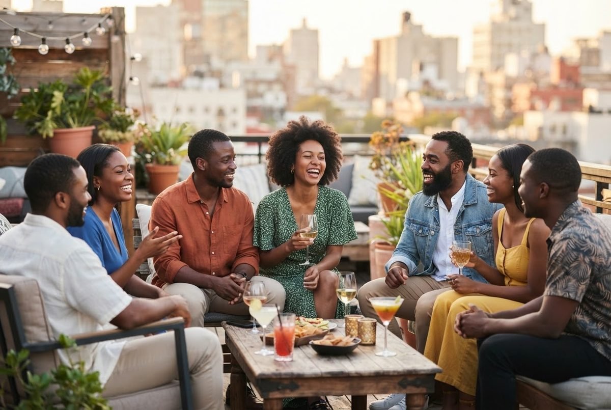 Smiling group of Black men and women laughing and chatting over drinks on a rooftop terrace with city buildings behind