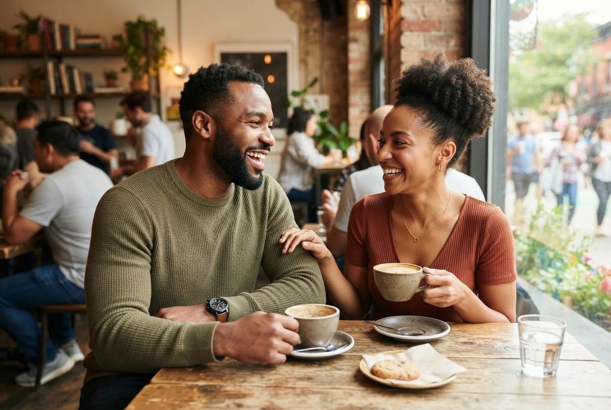 Smiling couple laughing over coffee at a café table, illustrating a black single web site connection.