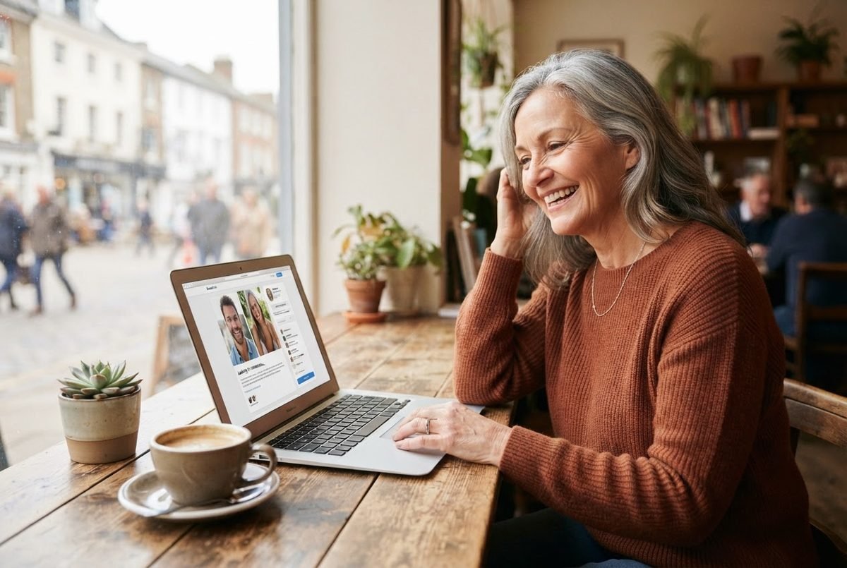 An older woman smiling while using a laptop at a kitchen table.