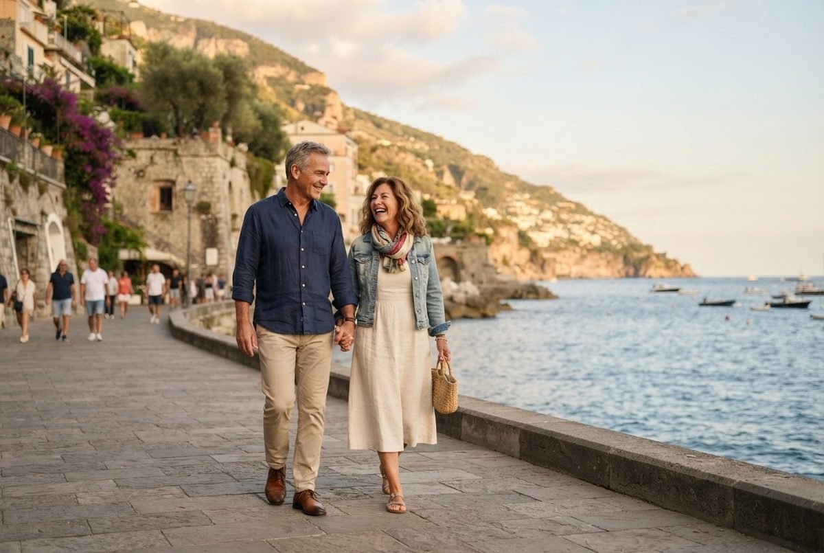Smiling couple in their 50s walk hand in hand along a seaside promenade with a cliffside town and blue sea.