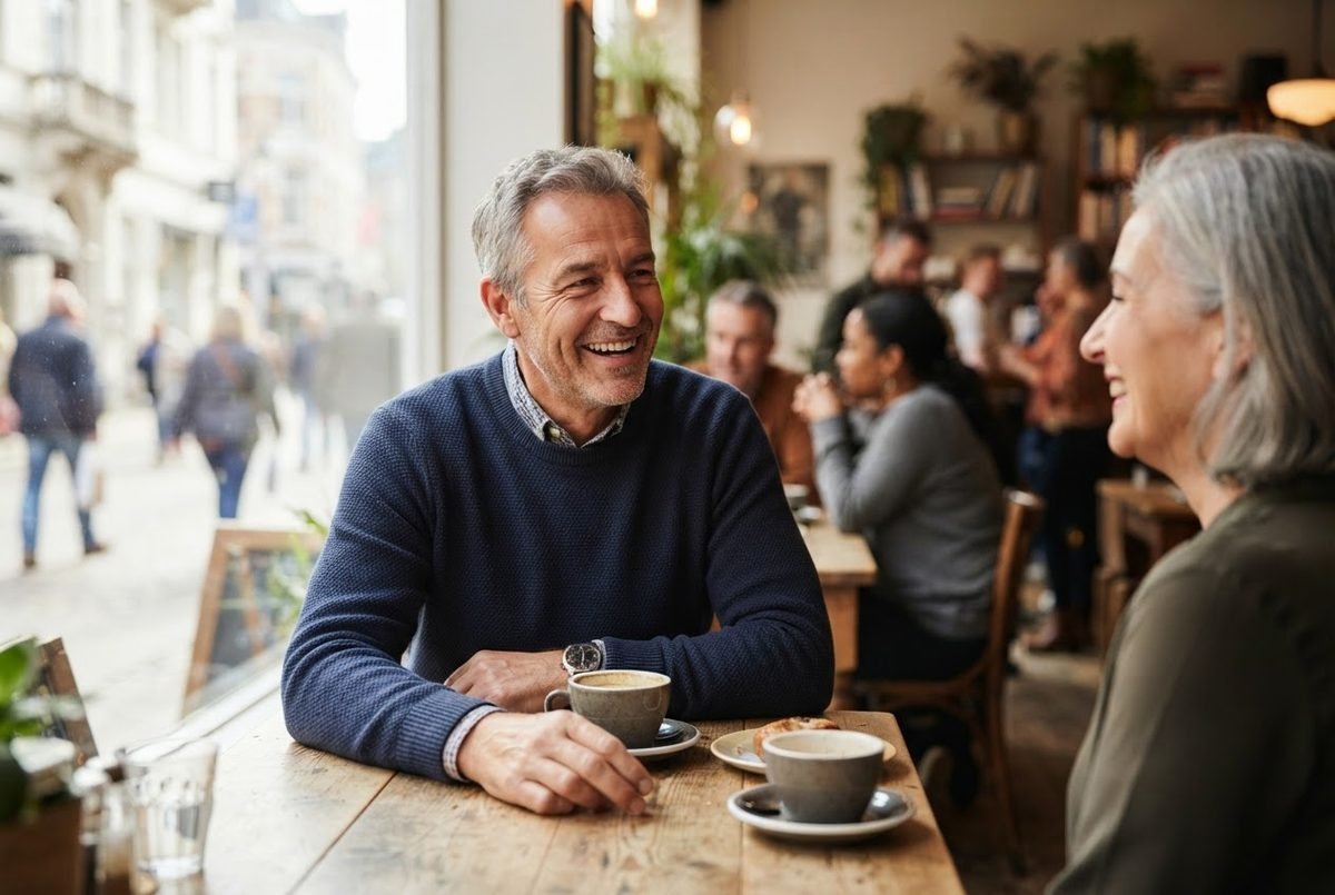 Smiling gray-haired man in a navy sweater chats with a woman over coffee at a café table by the window.