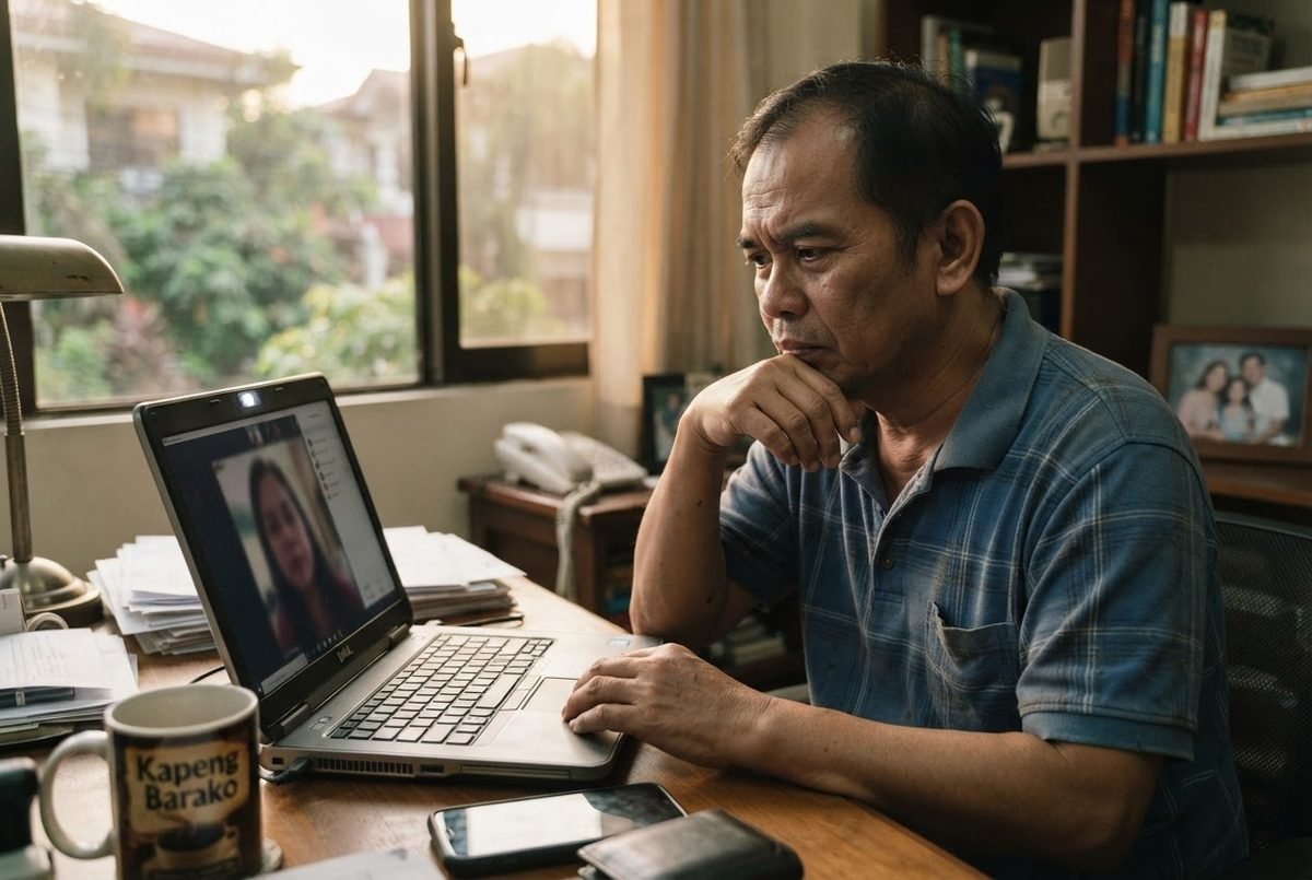 Man on a video call at his desk while checking a dating profile