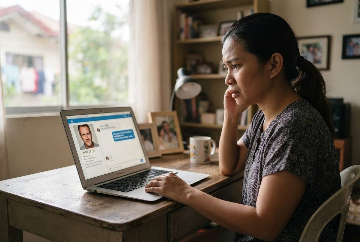 Person comparing a profile photo with search results on a laptop screen