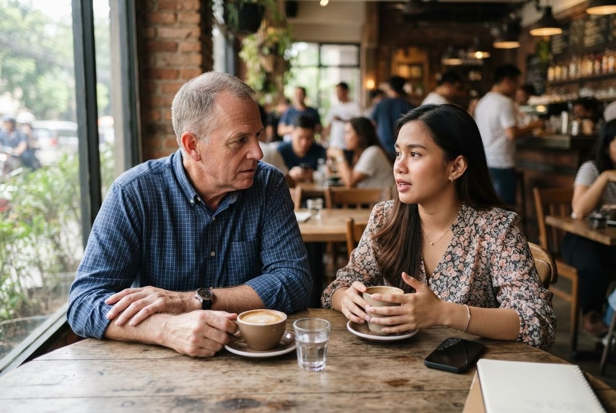 An older man in a blue plaid shirt and a young woman in a floral top talk across a wooden café table with coffee cups.