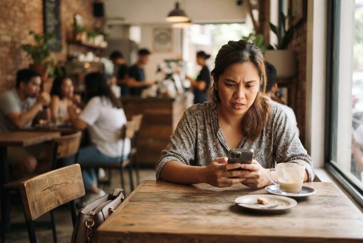 A worried woman reads a message on her phone at a café table, illustrating Filipina dating scams.