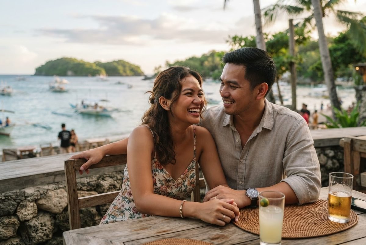 Laughing woman and smiling man sit close at a seaside café table with drinks, boats and palm trees behind them.