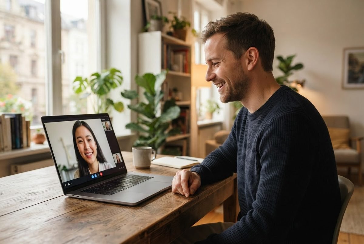 Smiling man in a dark sweater on a video call with a smiling woman on a laptop, at a wooden desk in a bright room