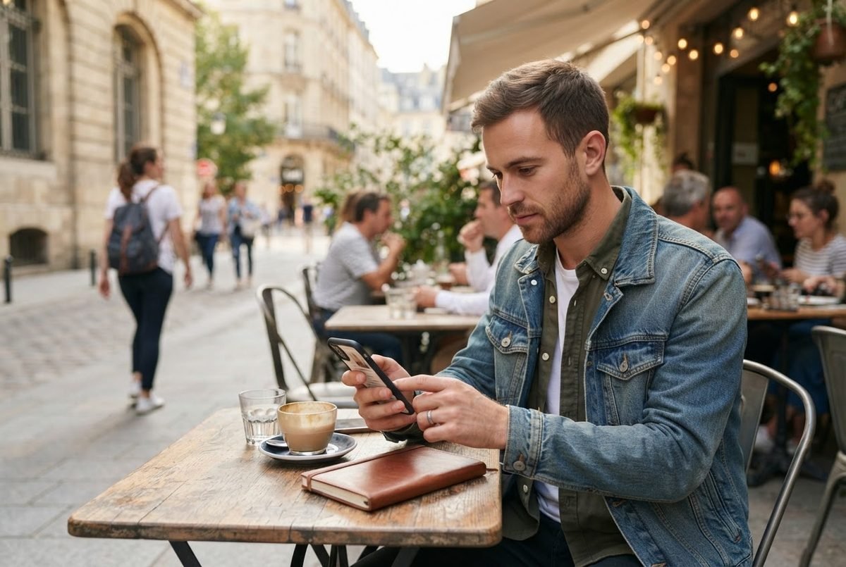 Man in a denim jacket typing on his phone at an outdoor café table beside a coffee and a brown notebook.