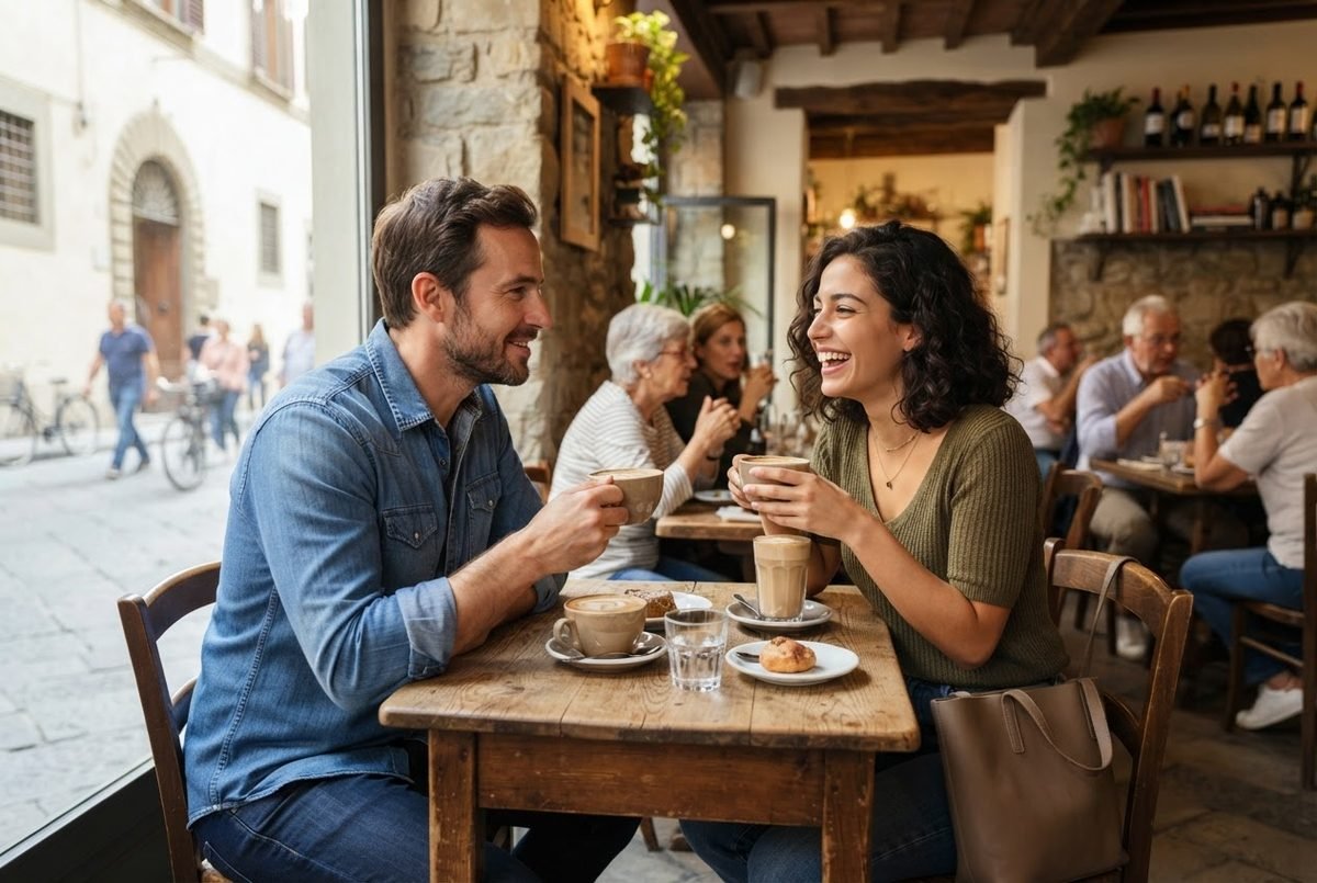 Smiling man and woman share coffee at a rustic cafe table, part of an article on how to meet foreign women.