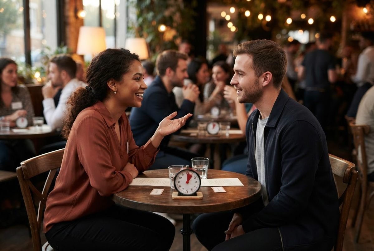 Woman in rust blouse and man in navy jacket chat across a small cafe table with a red-hand timer clock between them.