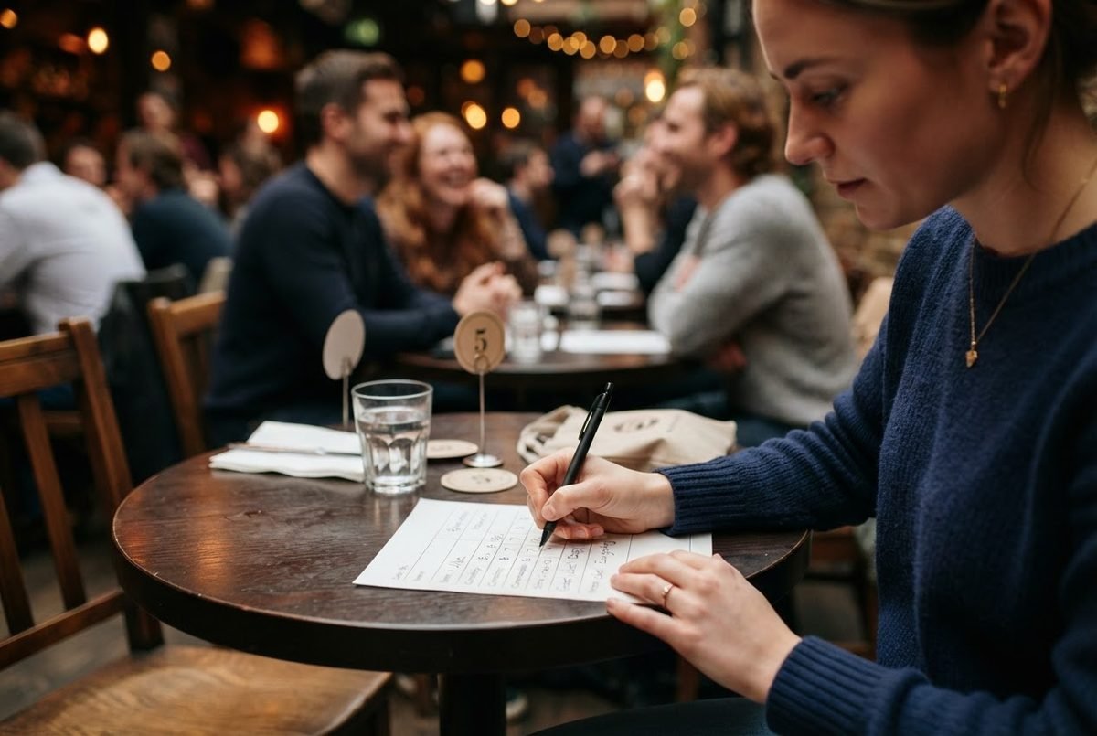 Woman in a navy sweater marks a paper scorecard with a pen at a round wooden bar table, people chatting behind her.