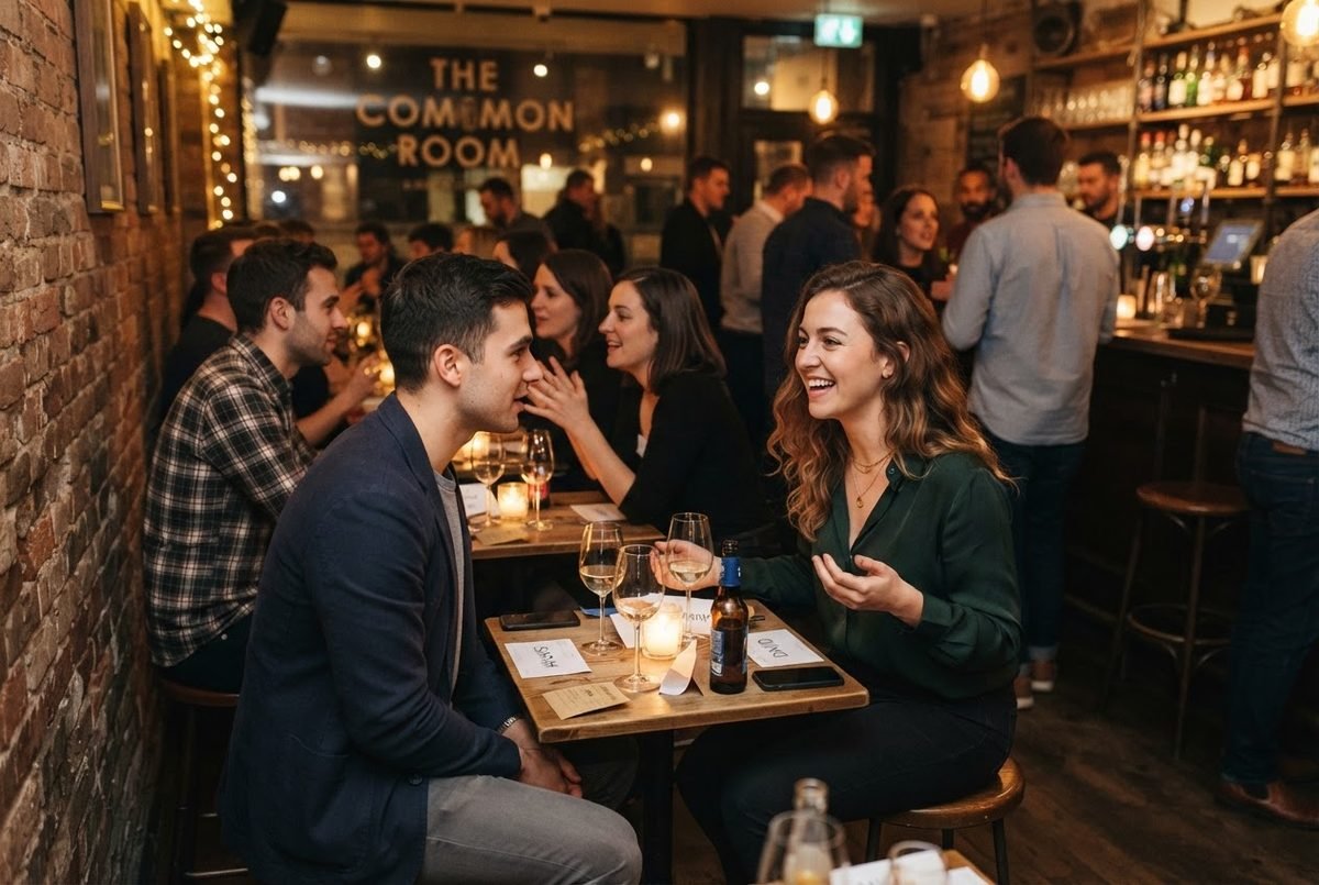 Group of singles mingling at a bar