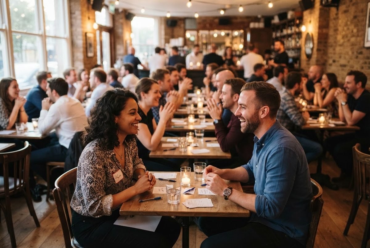 Smiling singles chat face to face at candlelit tables during a hurrydate speed dating event in a busy bar.