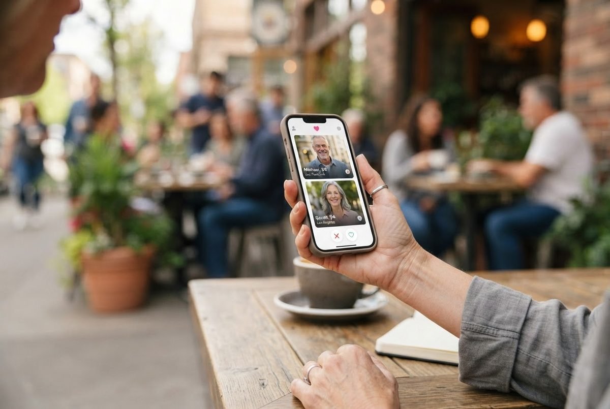 Person browsing a dating app on a smartphone at home