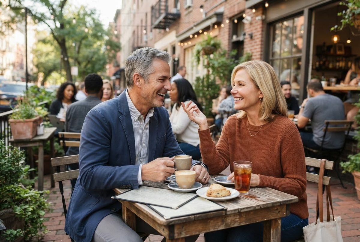 Smiling man in navy blazer and woman in rust sweater laugh over coffee and pastry at a sidewalk cafe table.