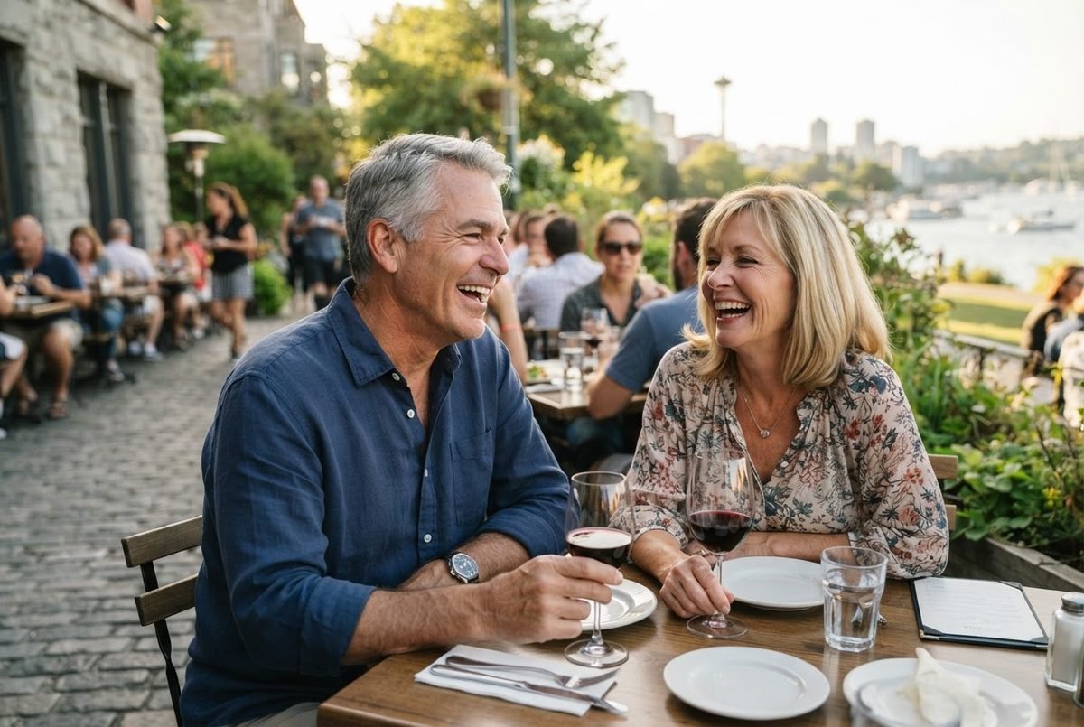 Mature couple laughing together during a relaxed conversation