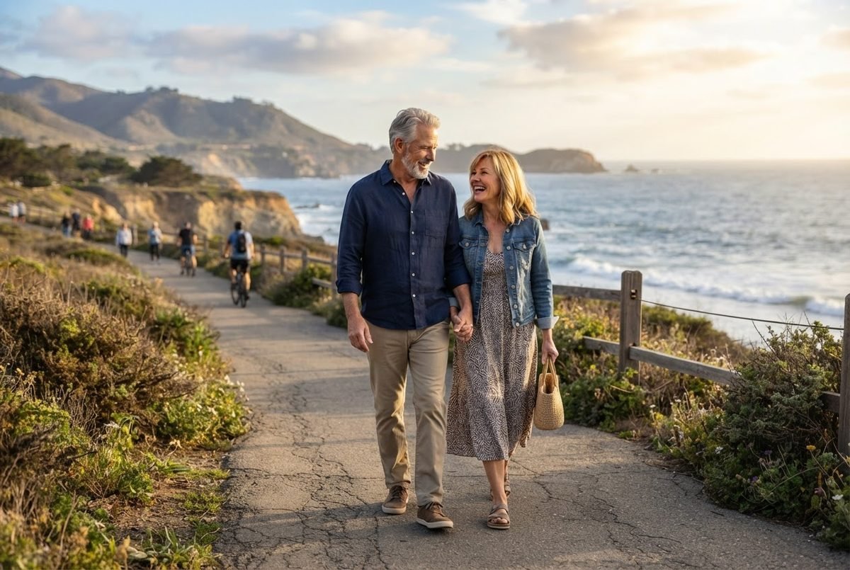 Smiling mature couple holding hands on a coastal path above the ocean, illustrating mature dating sites in usa