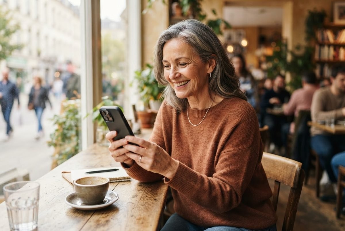 Smiling woman with gray hair in a rust-colored sweater uses her smartphone at a café table beside a coffee cup.