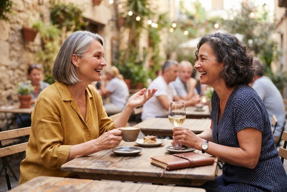 Two laughing mature women chat at a rustic café table; one holds a coffee cup, the other a glass of white wine.