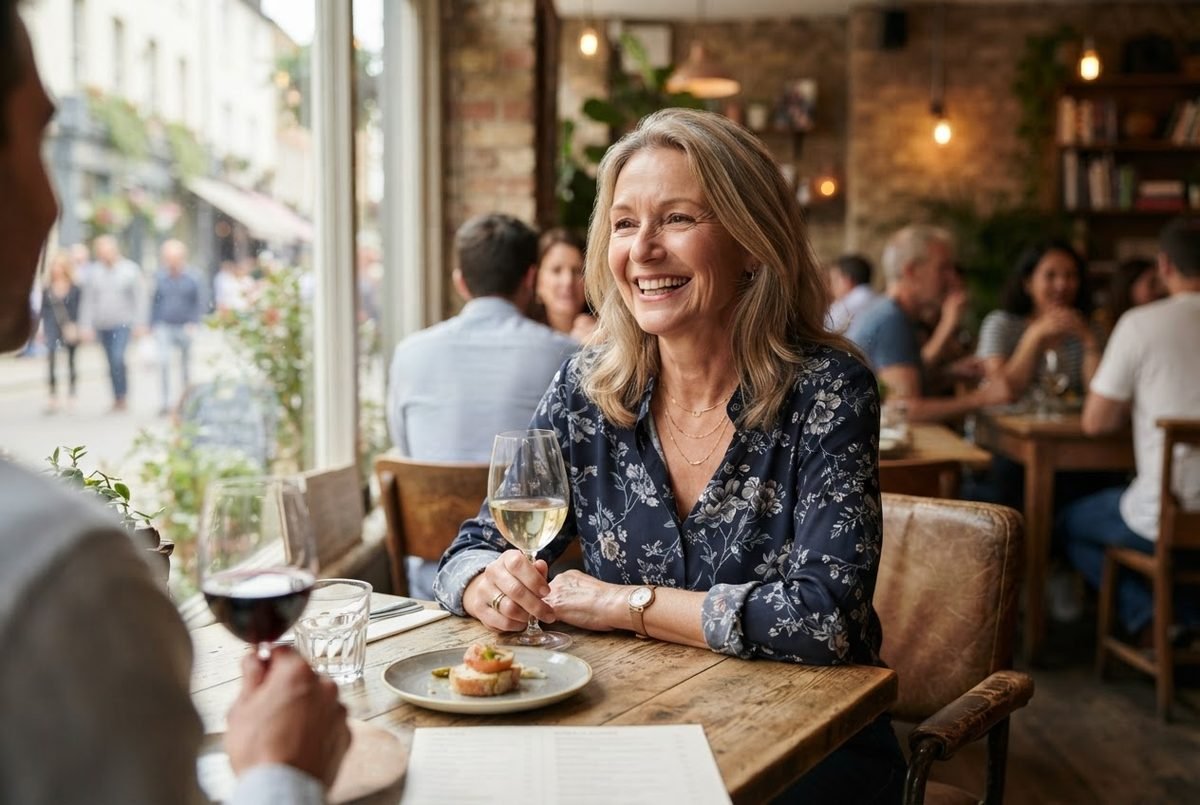 Smiling woman in a floral blouse sharing wine at a restaurant table, for an article on mature women over 50 dating.
