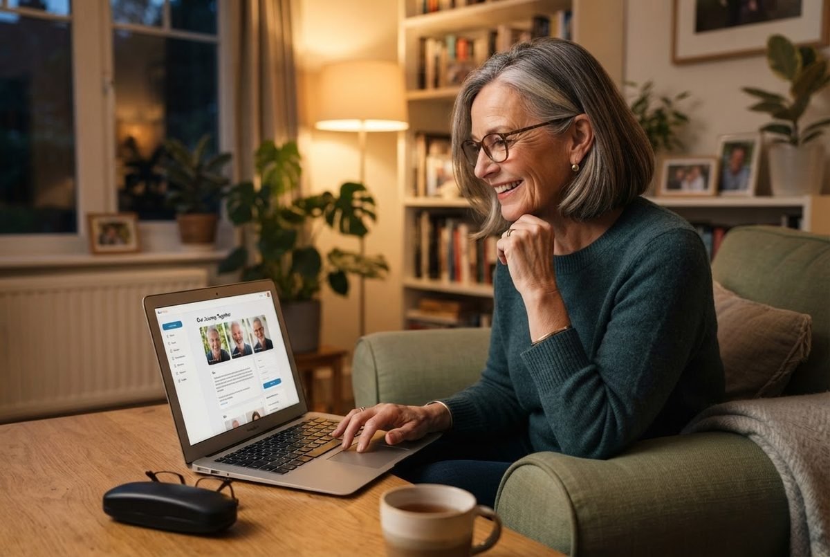 A woman in her sixties reading dating profiles on a laptop at home